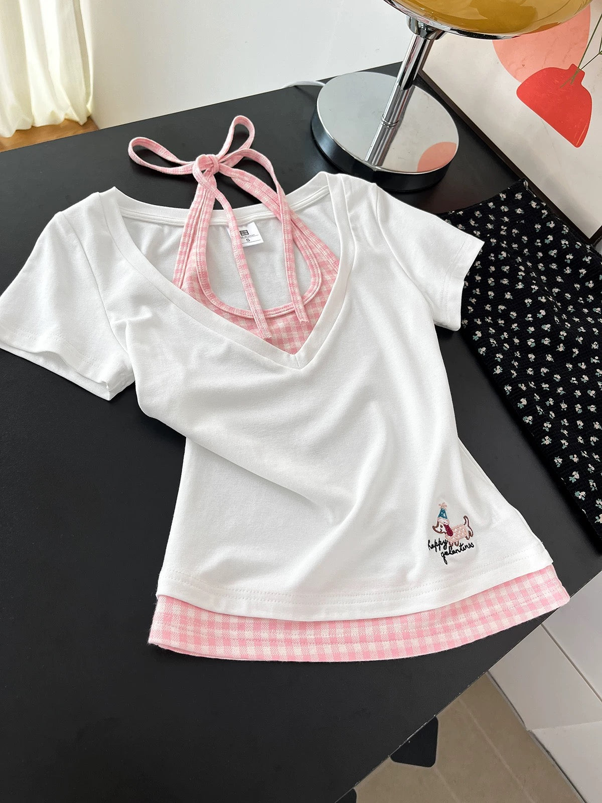 2025 Summer New Light Gray Plaid Fake Two-piece Short-sleeved T-shirt Women's Puppy Embroidery Top