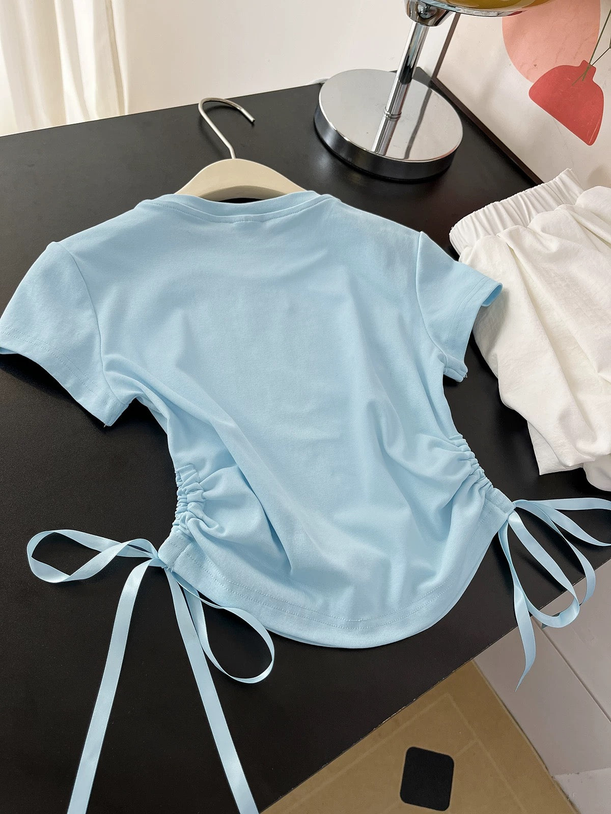 Good reputation! It's so comfortable to wear! Summer light blue bow tie top waist short-sleeved T-shirt