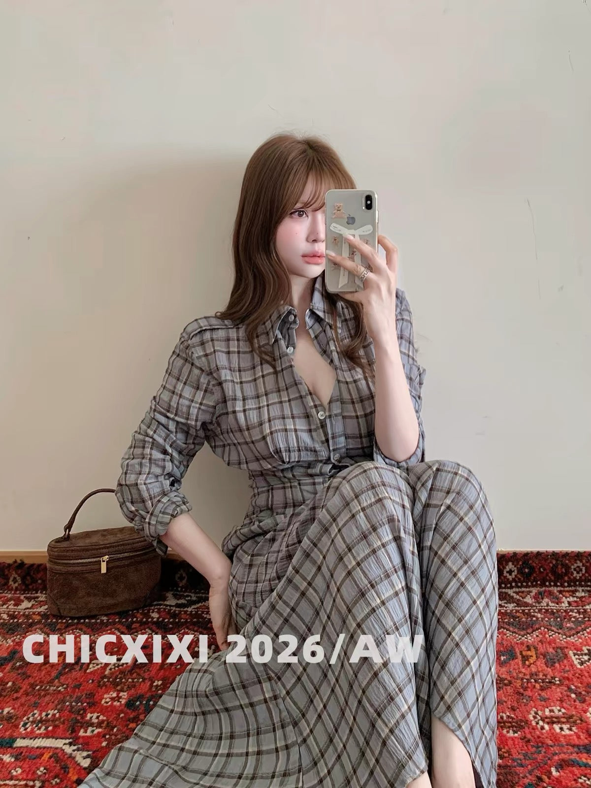 CHICXIXI 2026 AW Women’s Vintage Casual Long-Sleeve Plaid Shirt Dress – Loose-Fit, Slimming, Button-Down Maxi Dress