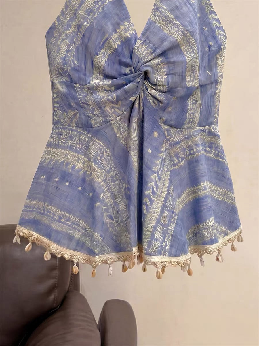 French-style sleeveless halter top dress for women, perfect for summer, unique design, halter neck and backless top.