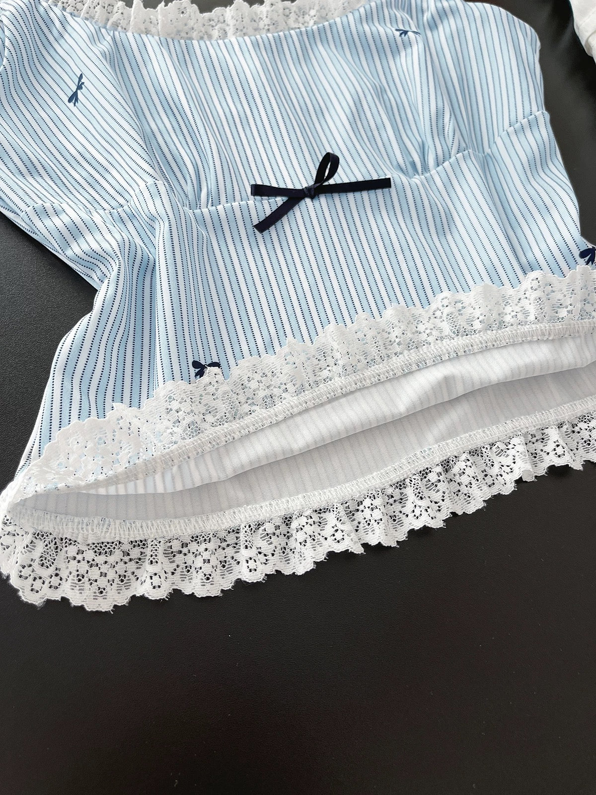 Shopkeeper recommends ~ Summer light blue striped lace splicing camisole vest for women with bow slim fit top for petite