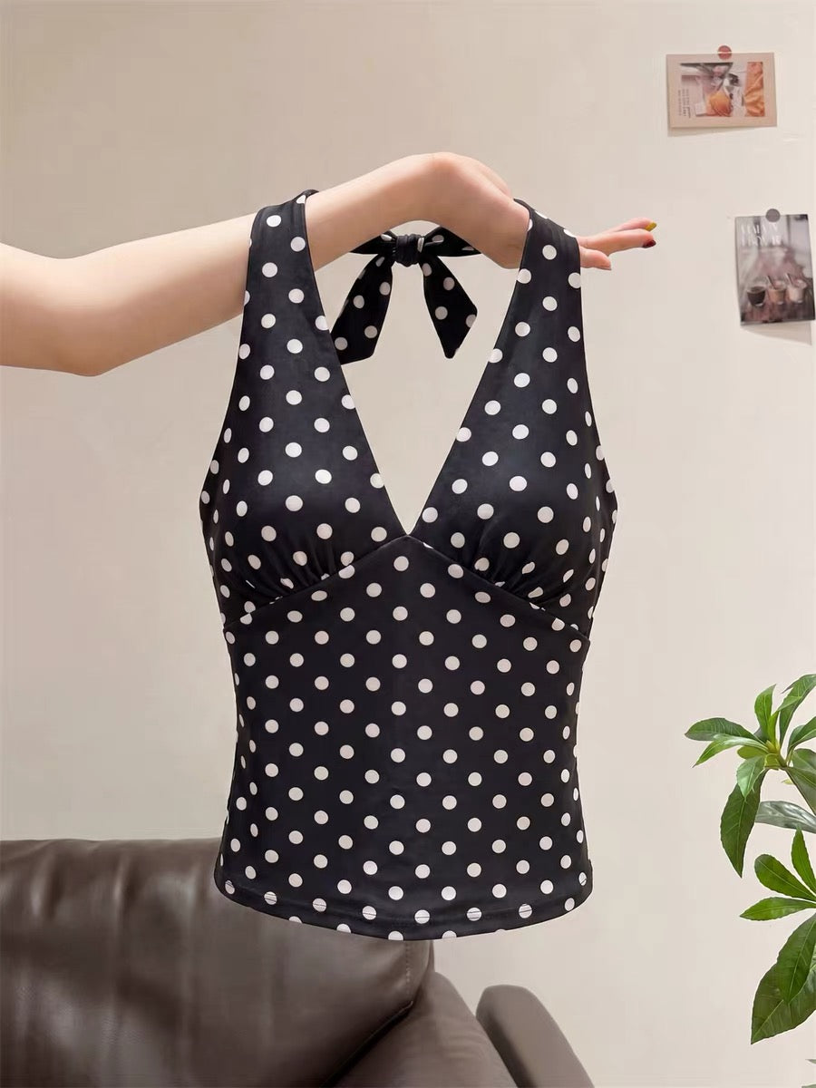 This summer's chic and stunning polka dot halter top for women is a Korean style, beautiful, unique, super cute, and slimming.
