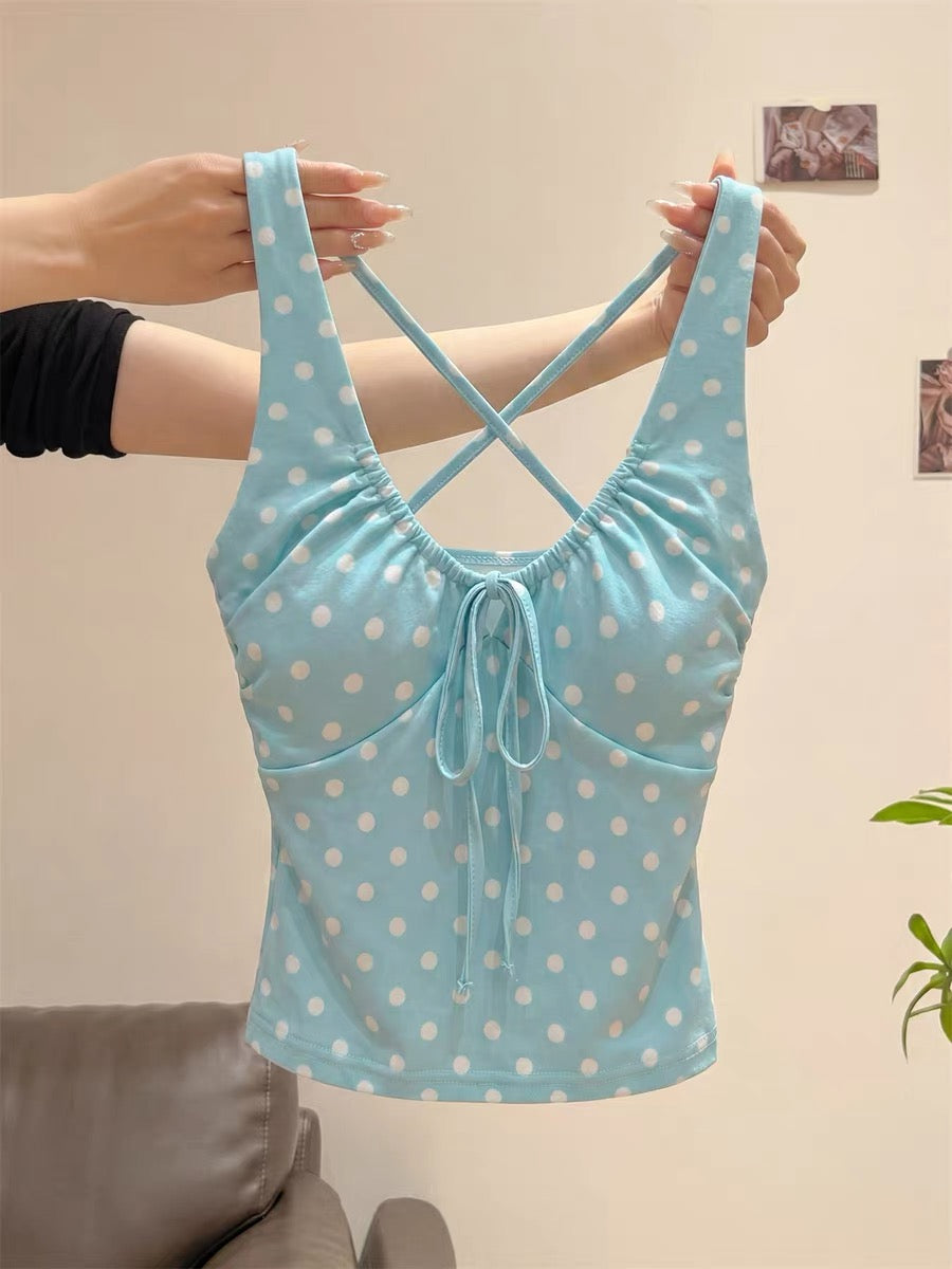 American-style polka dot halter neck backless camisole for women, summer design, unique style, slim fit, and flattering outerwear.