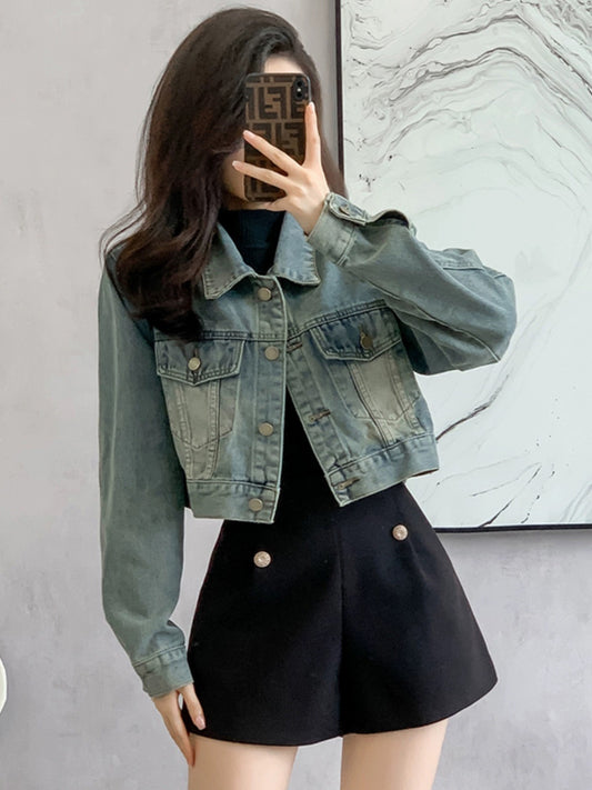 Korean style loose washed denim short jacket for women 2024 spring small retro fashion temperament retro top for women