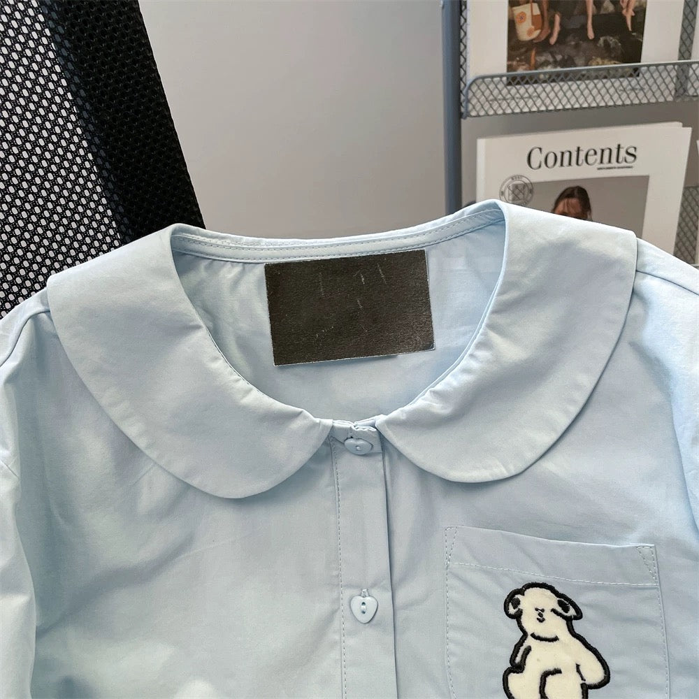 Vintage cute puppy embroidered short-sleeved blue shirt, unisex, summer American preppy style, cropped shoulder top.
