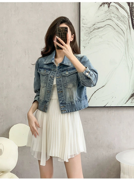 High-waisted short denim jacket for women 2024 spring new Korean style loose and versatile casual top for small women