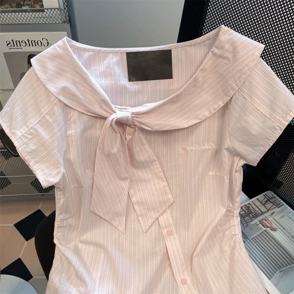 Unique design with a bow tie, off-the-shoulder neckline, short-sleeved shirt, unisex, sweet pink striped fitted top for summer.