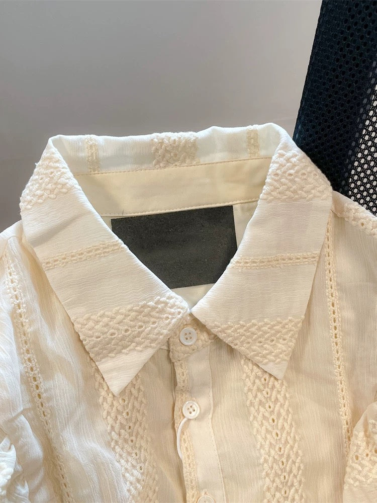 French-style, elegant,-inspired, openwork short-sleeved shirt, unisex, summer style, niche, high-end, exquisitely beautiful flutter sleeve top.