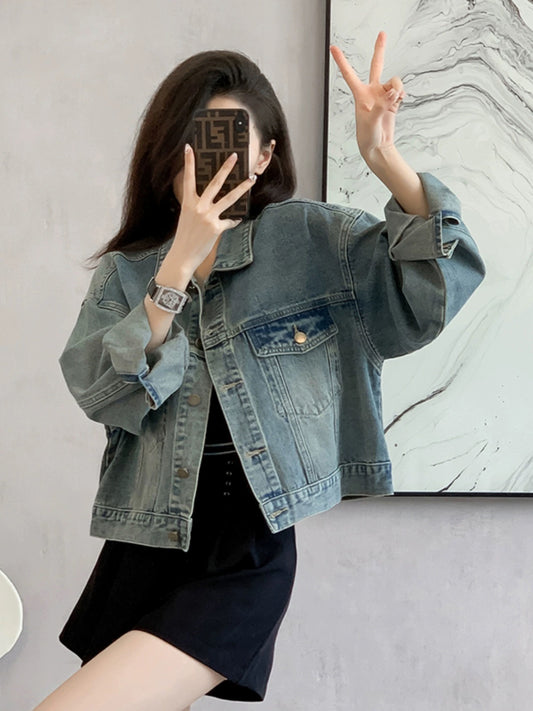 American retro washed light blue short denim jacket for women 2024 spring and autumn new loose and versatile jacket top