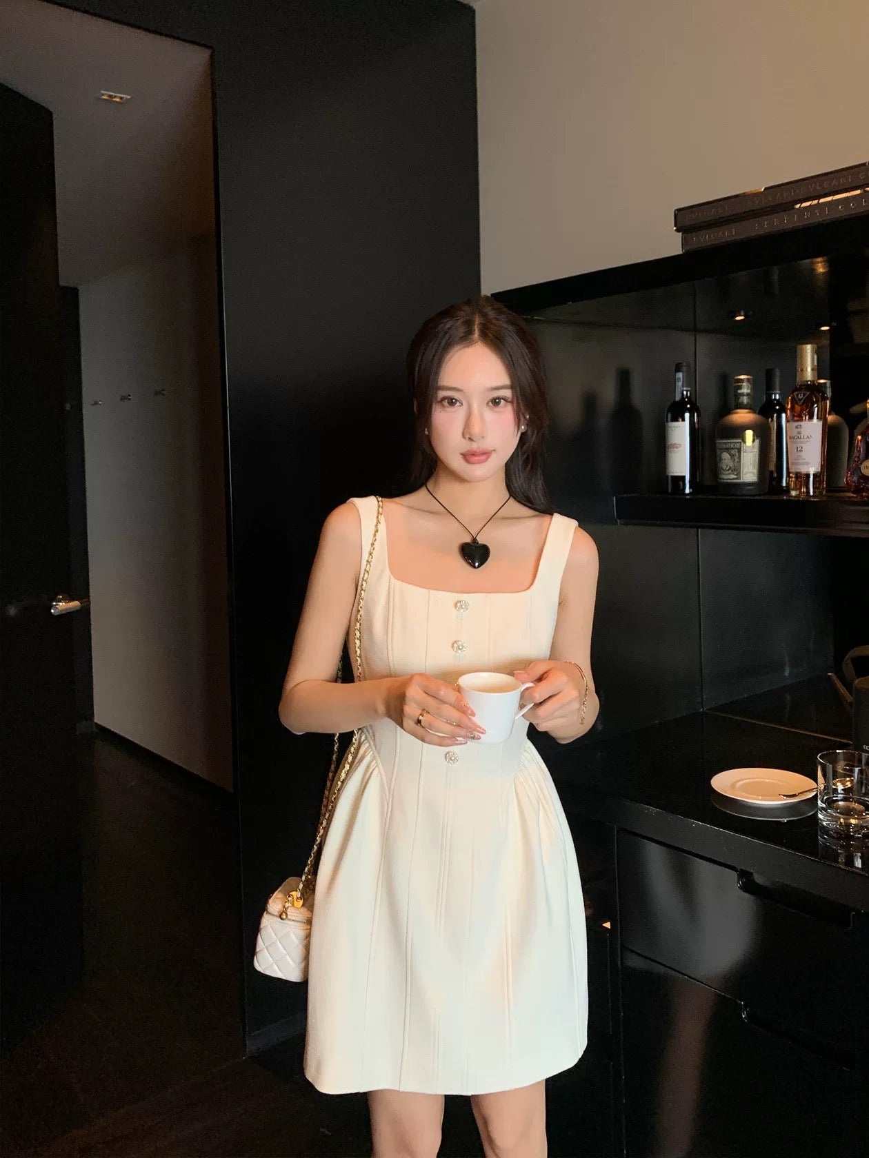 Summer Home Light Luxury Rhinestone Pearl Button French Retro Square Neck Slim A-Line Small Fragrance Dress for Women