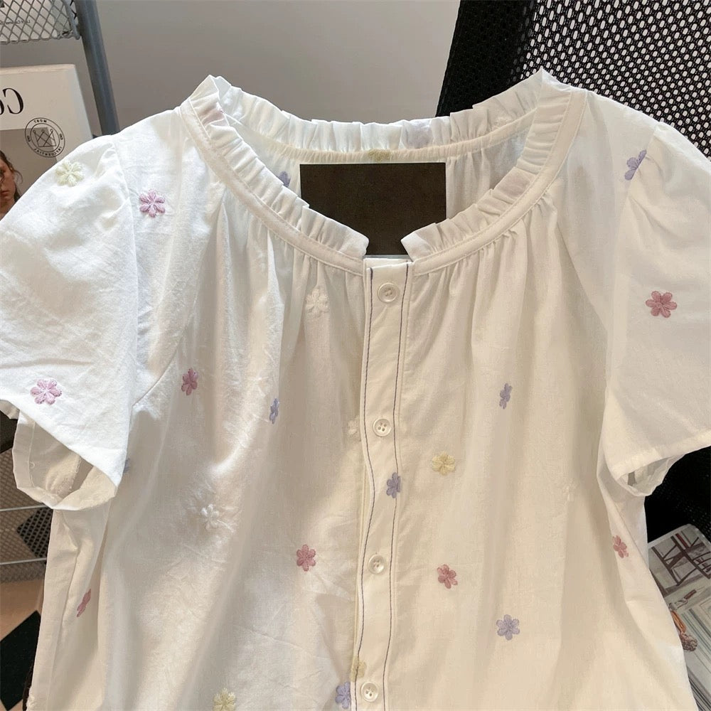 Super cute Korean style sweet colorful floral embroidered shirt, unisex summer stylish ruffled babydoll short-sleeved top