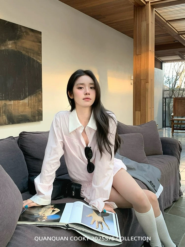 Quan Quan Cooky's Seaside Romance Sweet Girl Outfit: Striped Dress, Korean Style Pink Tulip Shirt Skirt