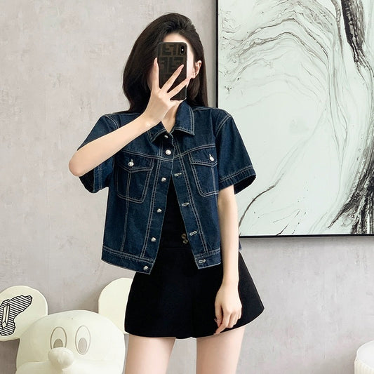 Hong Kong style retro short-sleeved denim jacket for women, summer design, dark wash, trendy outer wear for small people, versatile tops