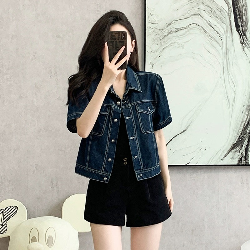 Hong Kong style retro short-sleeved denim jacket for women, summer design, dark wash, trendy outer wear for small people, versatile tops