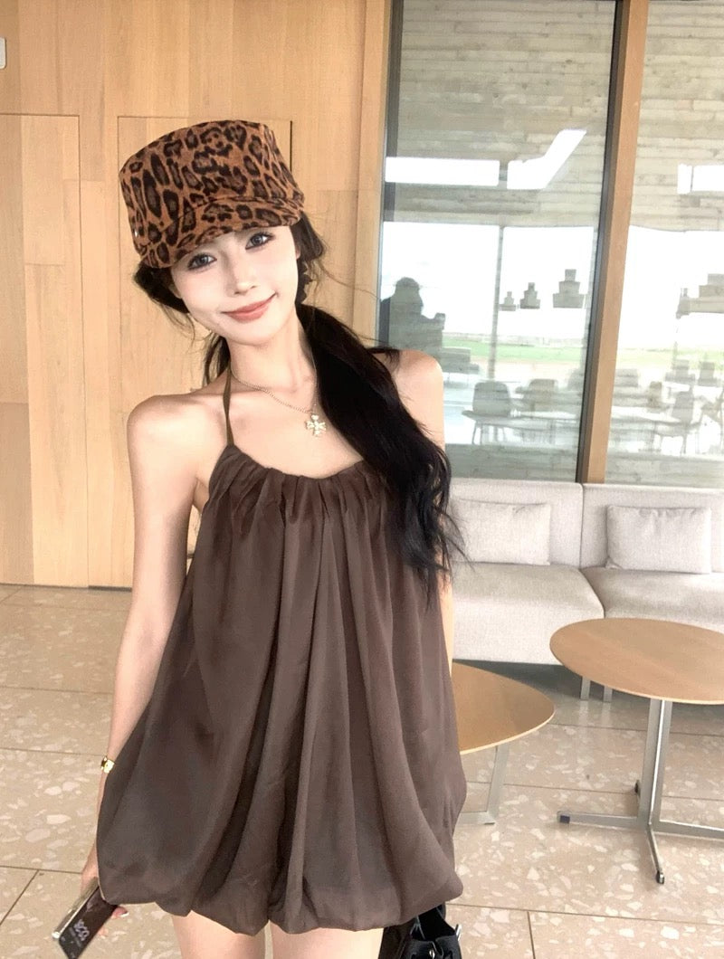 Kumikumi pure desire style sexy backless halter neck dress female summer niche pleated mesh bud skirt short skirt