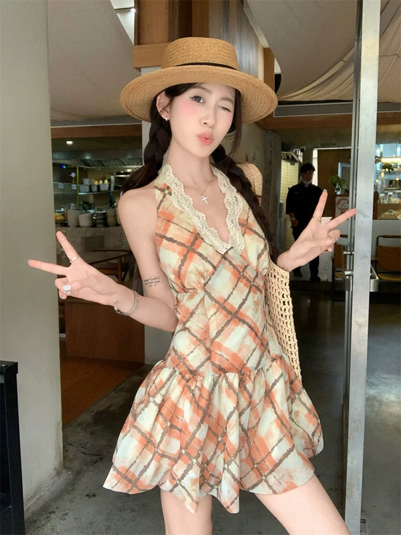 Kumikumi sweet style lace halter neck dress female summer retro plaid temperament A-line skirt short skirt