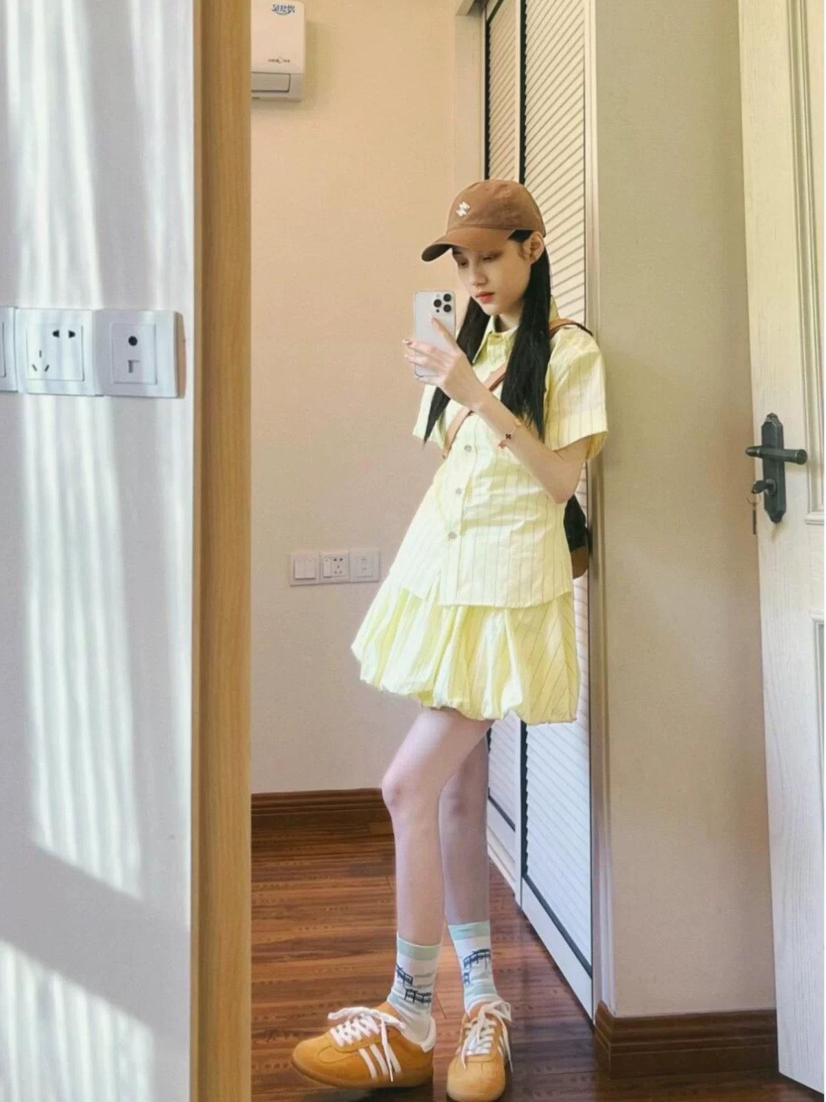 Beautiful and beautiful summer suit, dopamine yellow puff sleeve shirt top, flower bud skirt, two-piece set for small people
