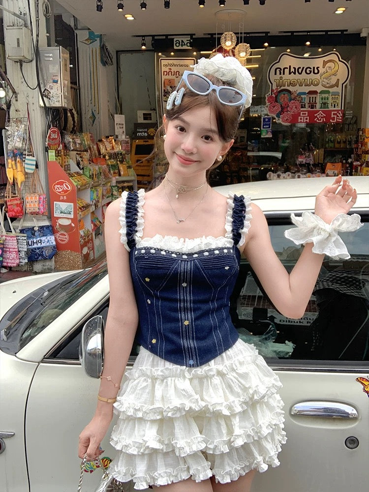 Acaine Spring Paradise/Blue Short Denim Suspender Vest Women's Spring Korean Style Age-Reducing All-match Top