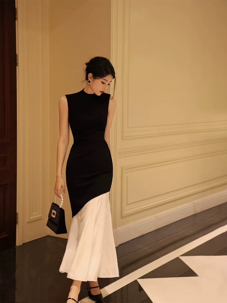 Thirteen and Little French Black Dress Women's Summer Sleeveless Splicing Slim Fit Mermaid Knitted Long Dress