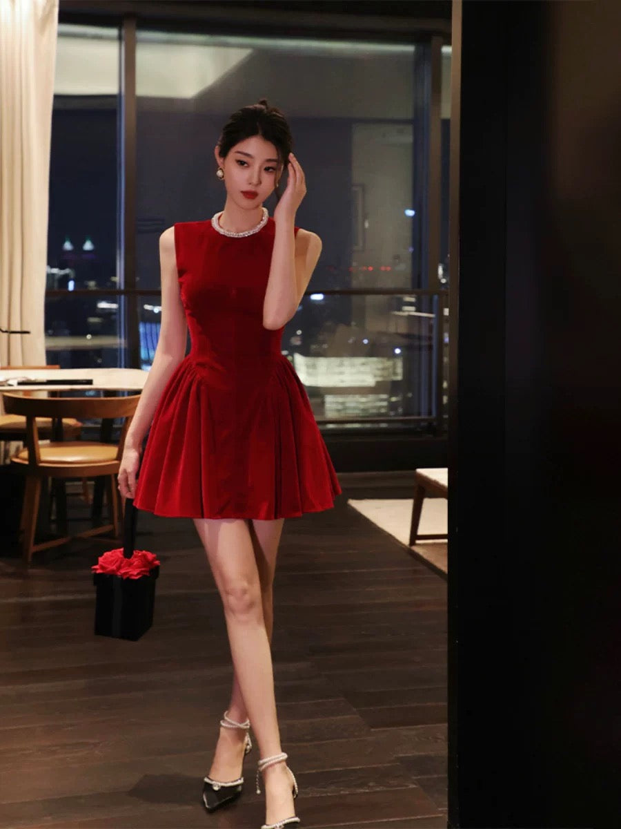 Thirteen and Little French sleeveless dress for women summer round neck diamond temperament burgundy dress velvet skirt