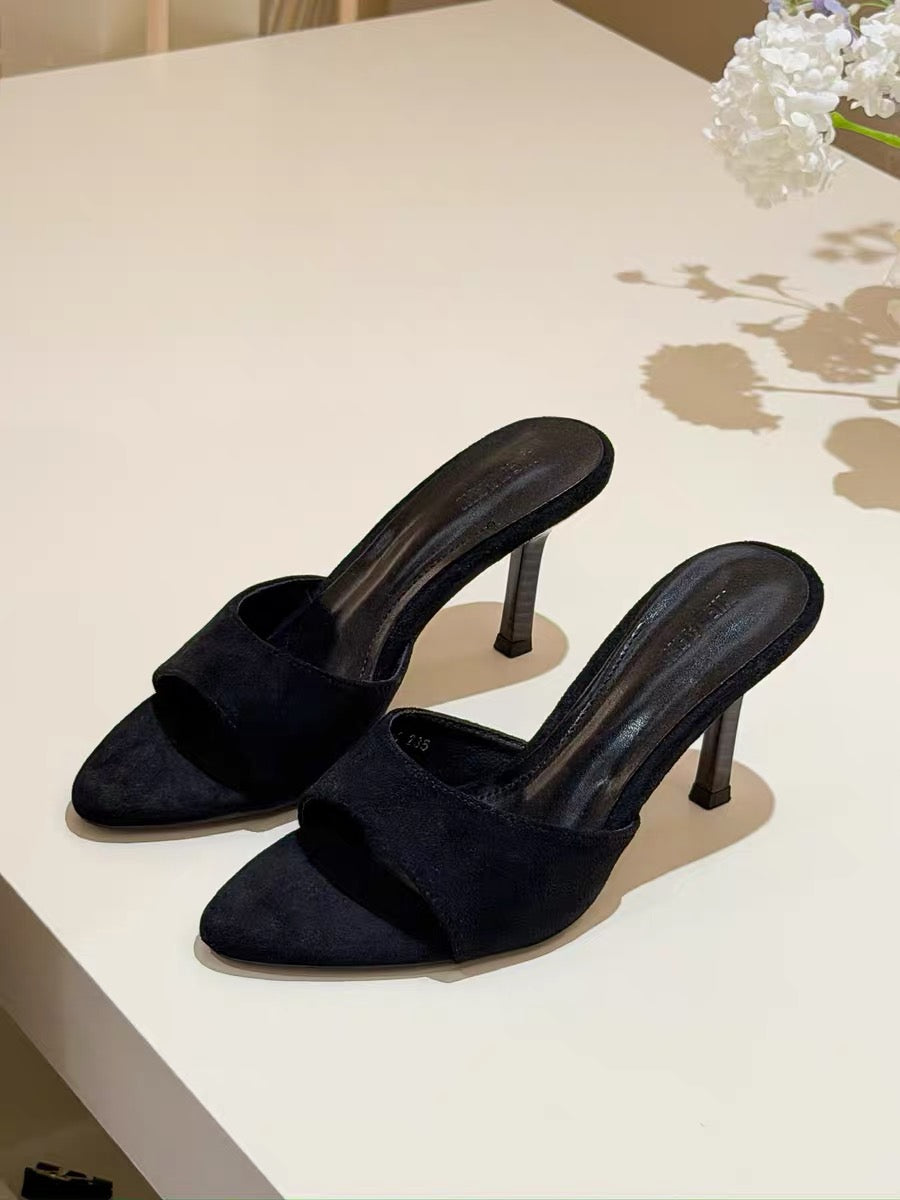 elingstudio Retro Leg-Slimming! Minimalist Suede Strappy Pointed-Toe Stiletto Open-Toe Versatile High-Heeled Sandals