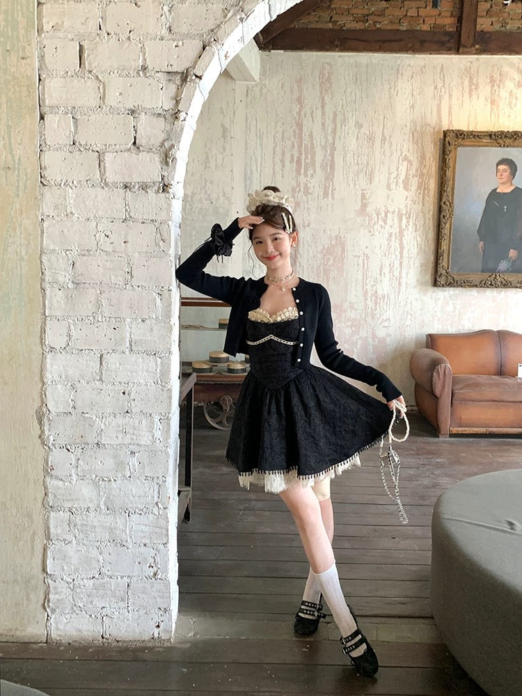 Acaine Mary Sweet Tea/Black mid-length waisted A-line suspender dress female spring French retro skirt