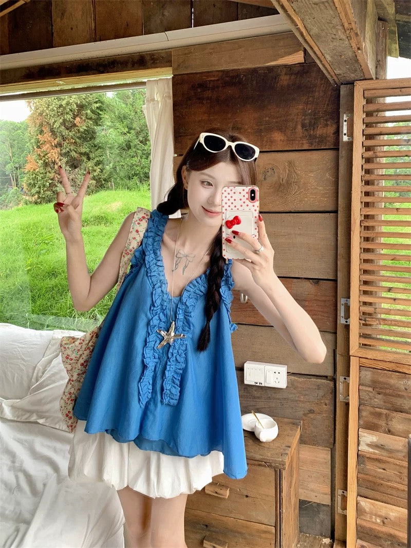 Kumikumi sweet suit blue wood ear camisole vest female summer high waist flower bud skirt two-piece suit