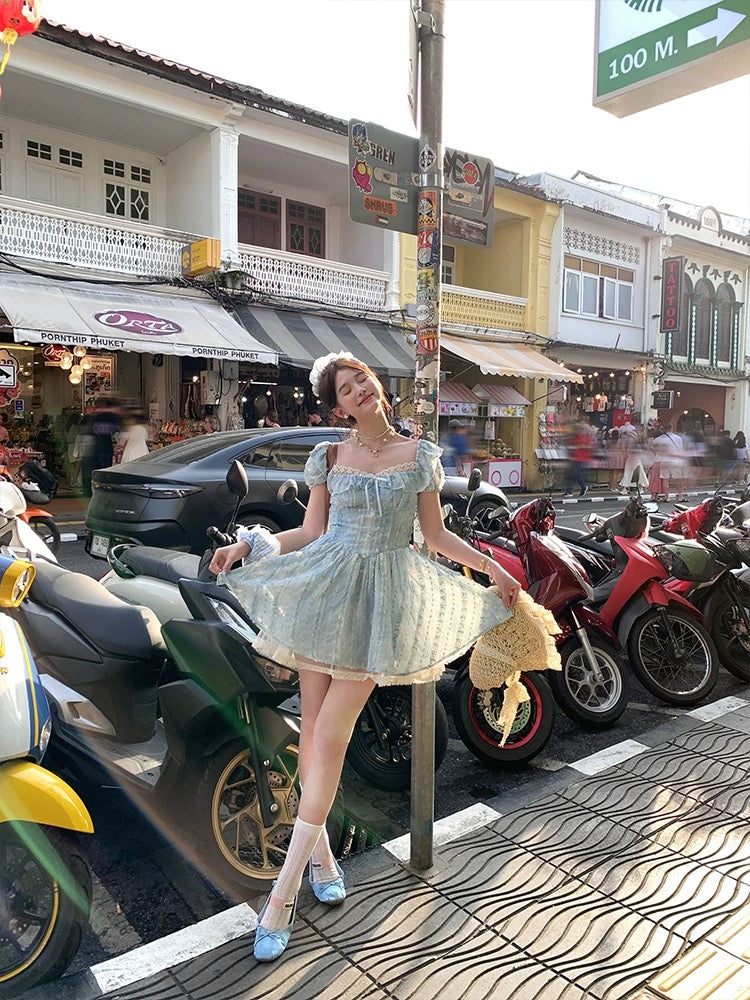 Acaine Bubble Milk/Blue Medium-length Square Neck Bubble Sleeve Waist Dress Women's Spring Sweet Dress