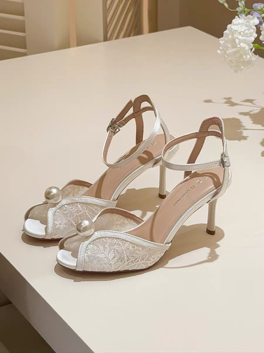 elingstudio's vintage muse! French lace pearl peep-toe stiletto sandals with elegant high heels.