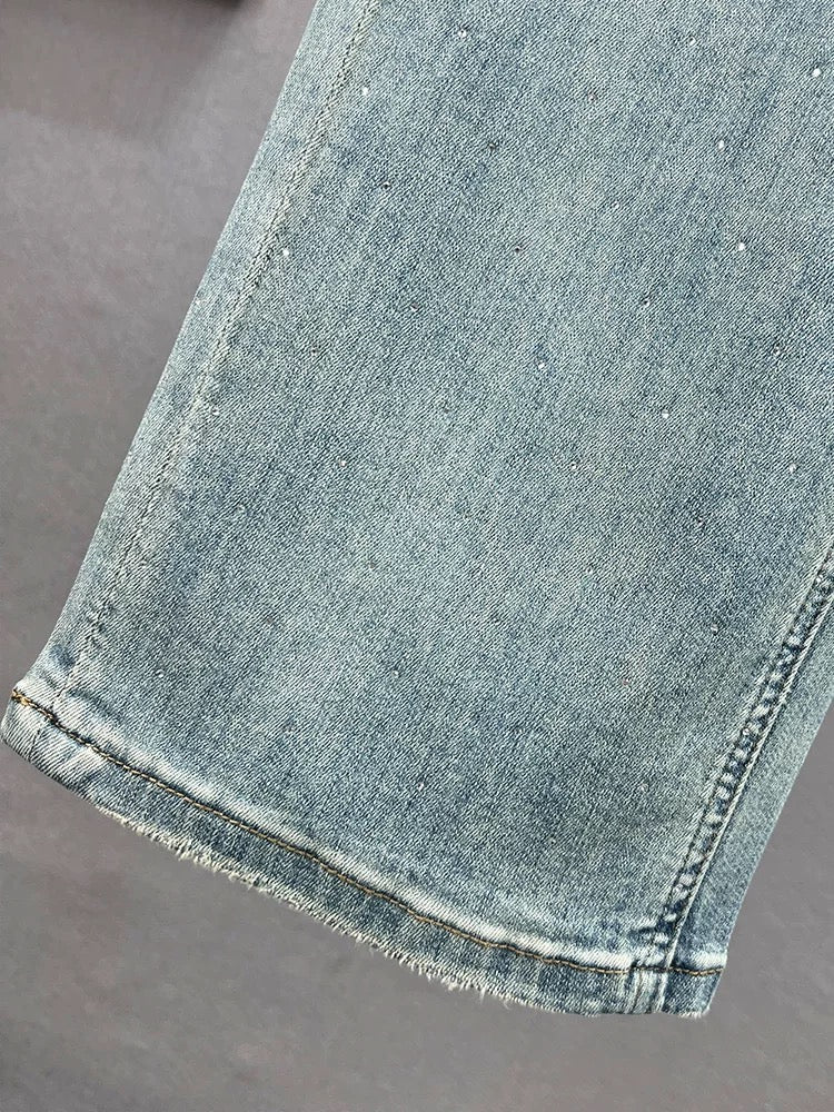 Denim straight trousers for women 2024 new spring and summer high-waisted loose slimming versatile hot diamond narrow version floor-length trousers