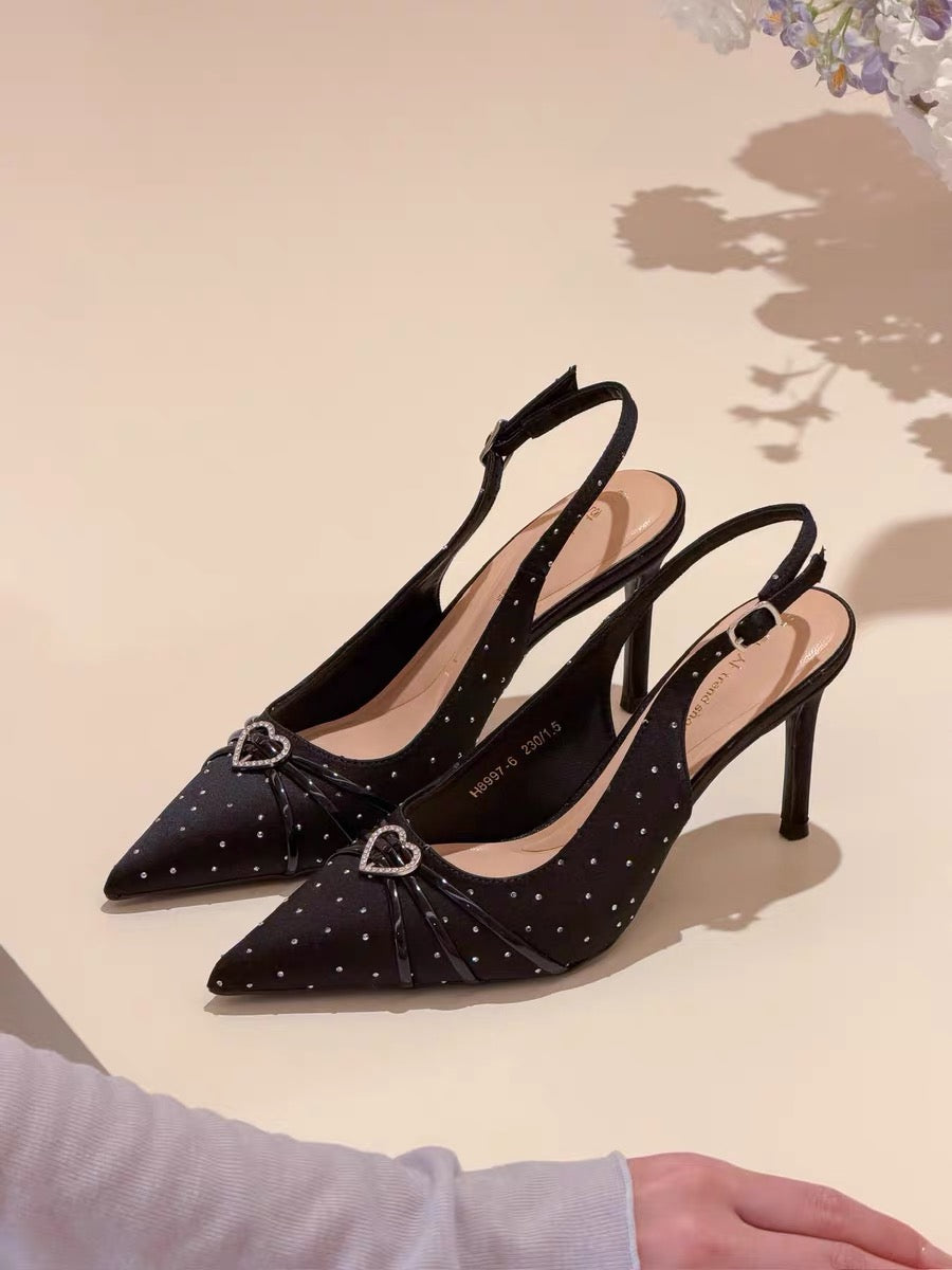 elingstudio's muse has arrived! French-style satin rhinestone pointed-toe strappy high-heeled sandals.