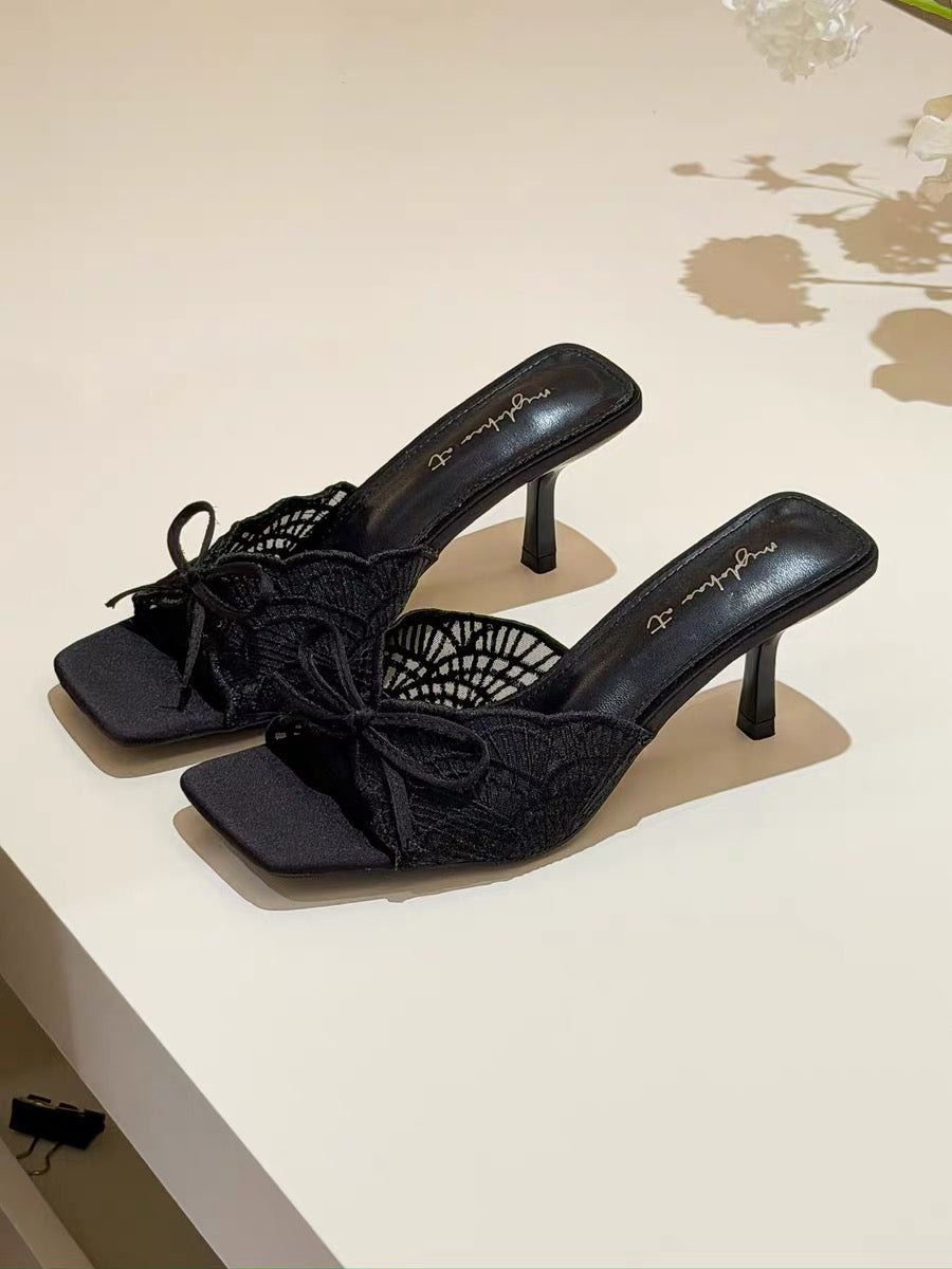 elingstudio Purple Mist Lace! French-style hollowed-out bow square toe open-toe stiletto sandals for women.