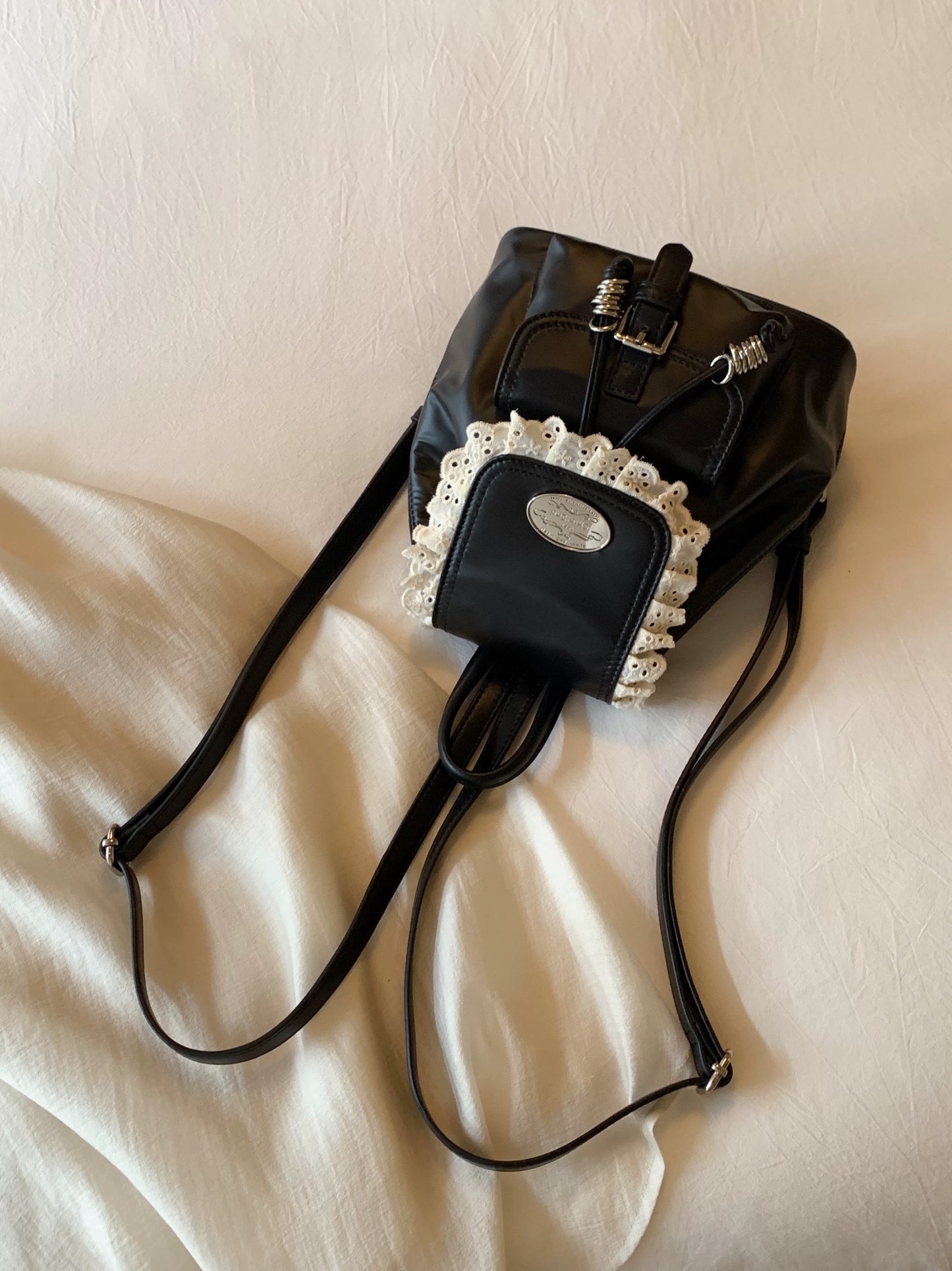 Chio2nd Twilight Glow Backpack, Women's Retro Handbag, Black Lace Trim Backpack