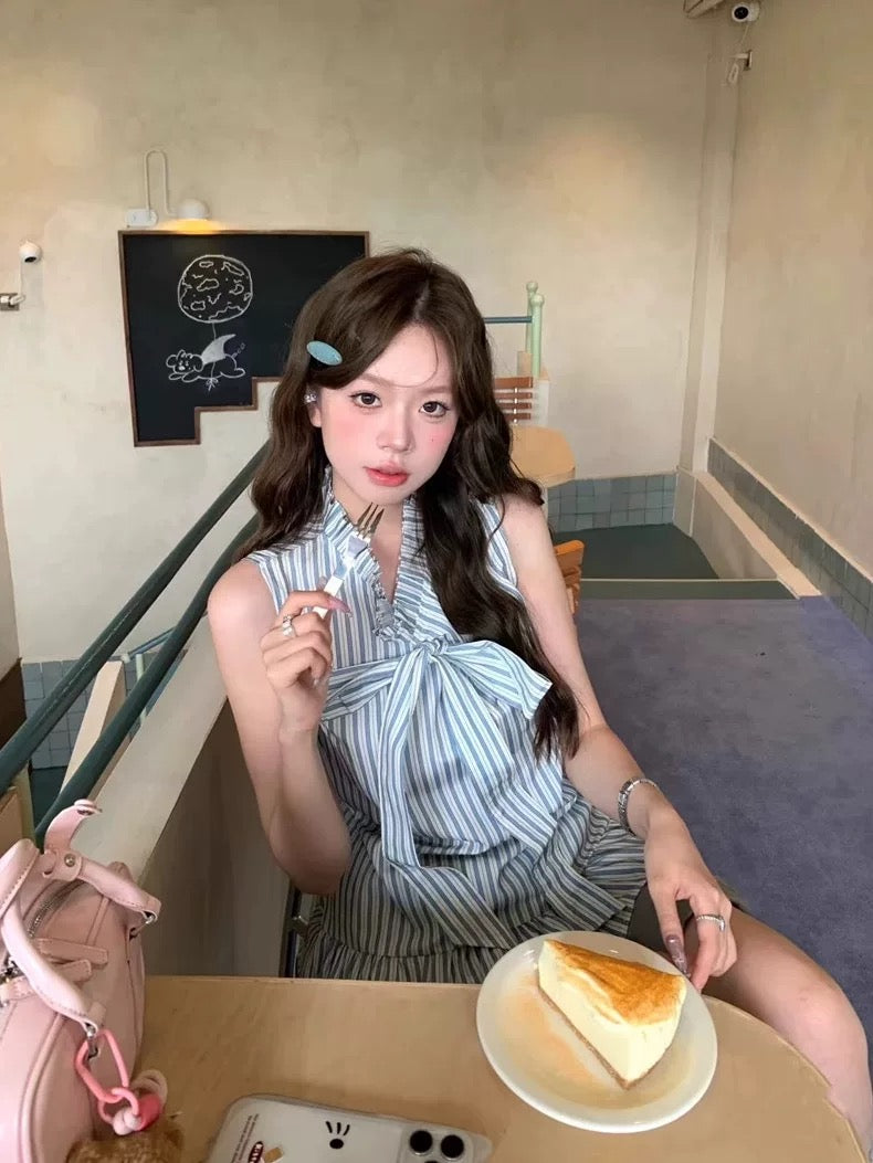 Kumikumi sweet style suit French striped sleeveless shirt women's summer bud short skirt skirt two-piece suit