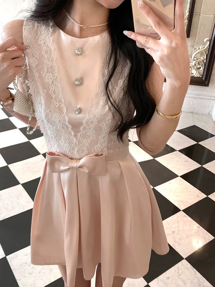 Acaine second-hand Monica/medium-length gentle thousand-gold lace satin dress female summer French skirt