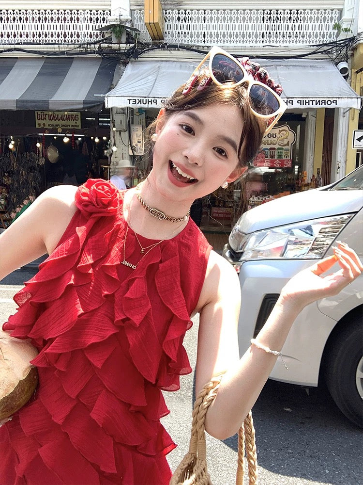 Acaine Dusk Rose/Red Sleeveless Ruffled Tencel Long Dress Women's Spring French Dress