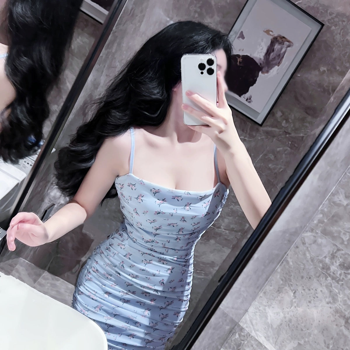 Floral sweet summer blue suspender slim fit hip-hugging tight slimming dress