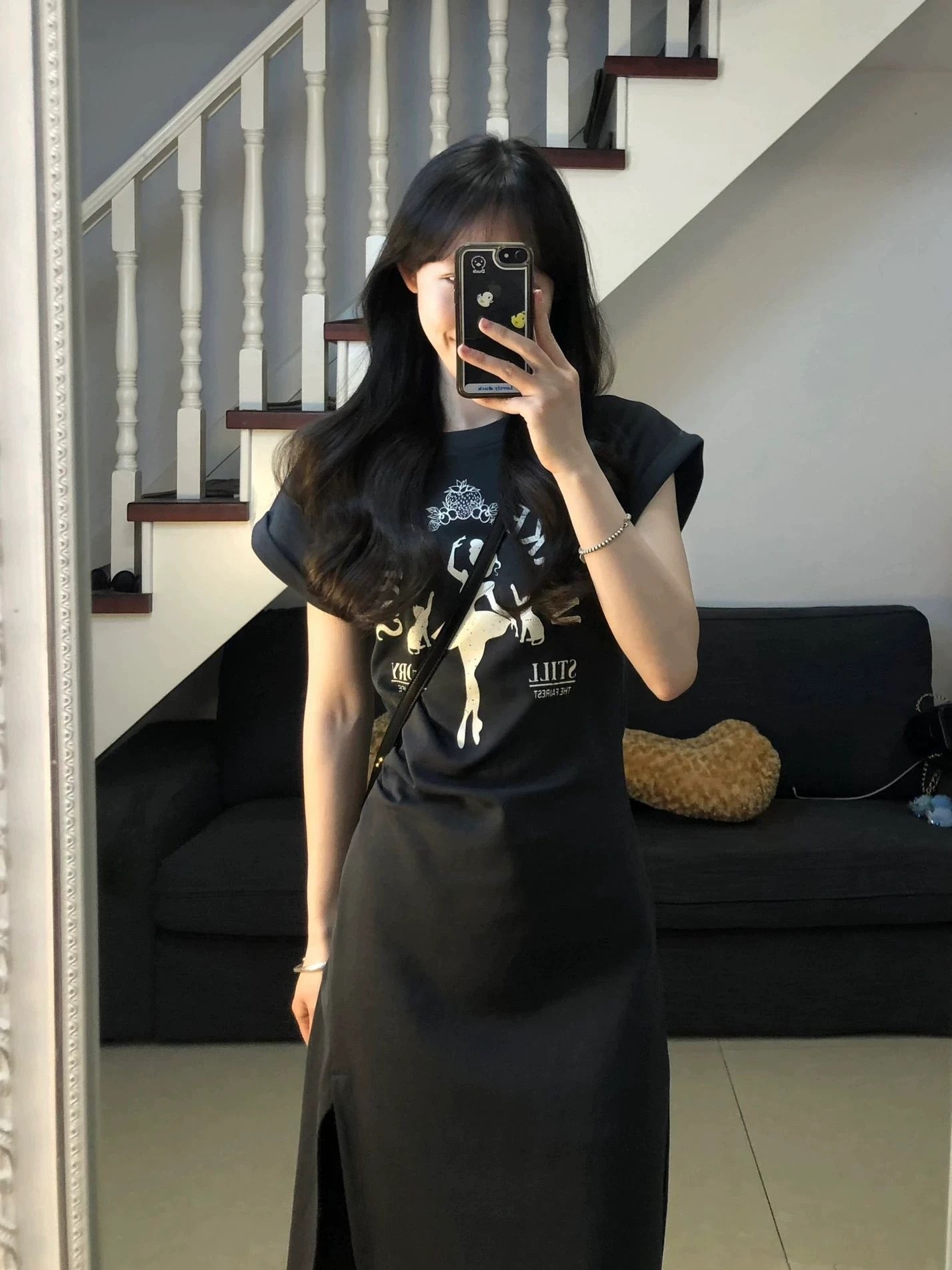 American printed casual style t-shirt dress women's summer waist slim slimming slit mid-length skirt for small people