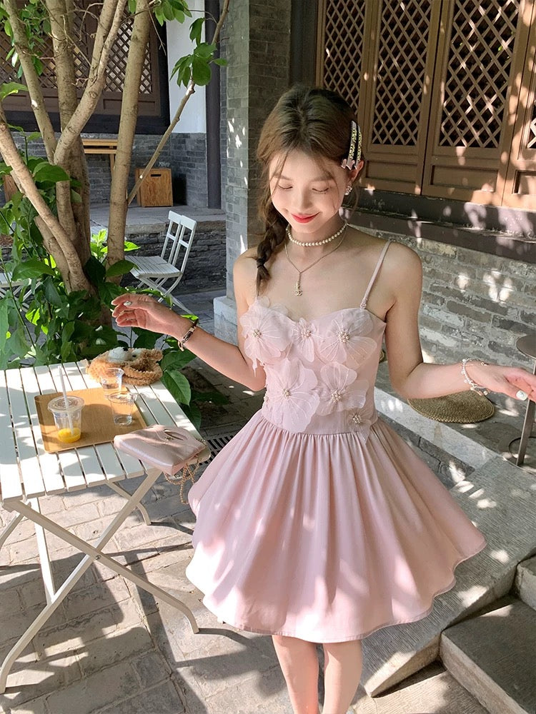 Acaine Nara Qianjin/Pink mid-length satin suspender dress female summer French temperament skirt