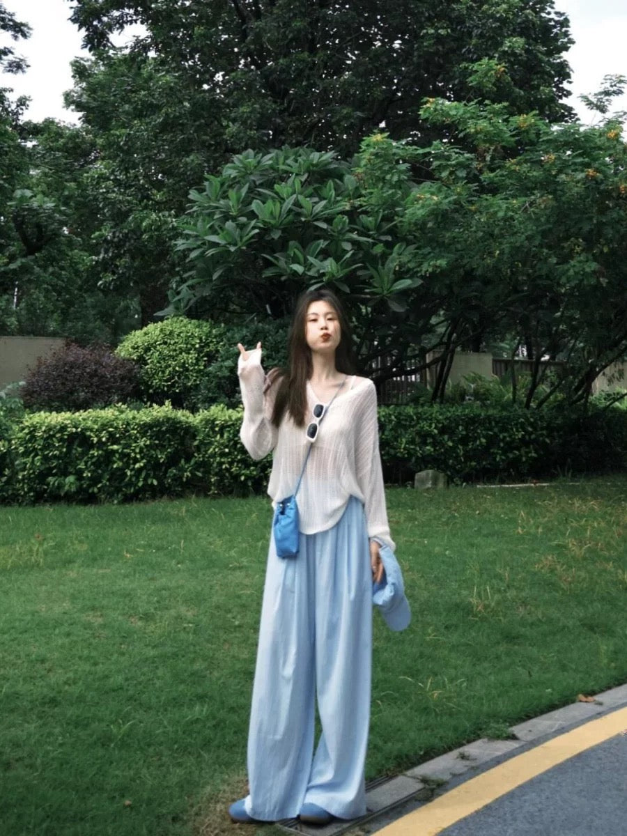 Summer clothes are paired with a complete set of casual, comfortable and relaxed sun protection blouse tops and lazy wide-leg pants two-piece set for women