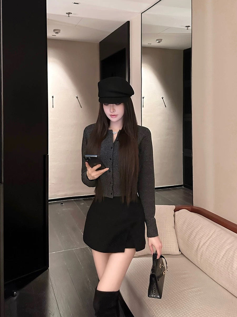 SX Shanxi black 100% merino wool full-body diamond cardigan top women's high-end temperament Korean style short jacket