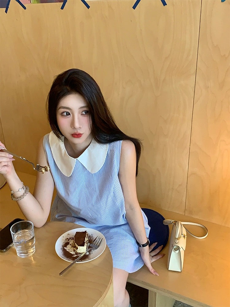 The suan kawaii striped vest dress for women petite tb blue temperament short skirt doll collar