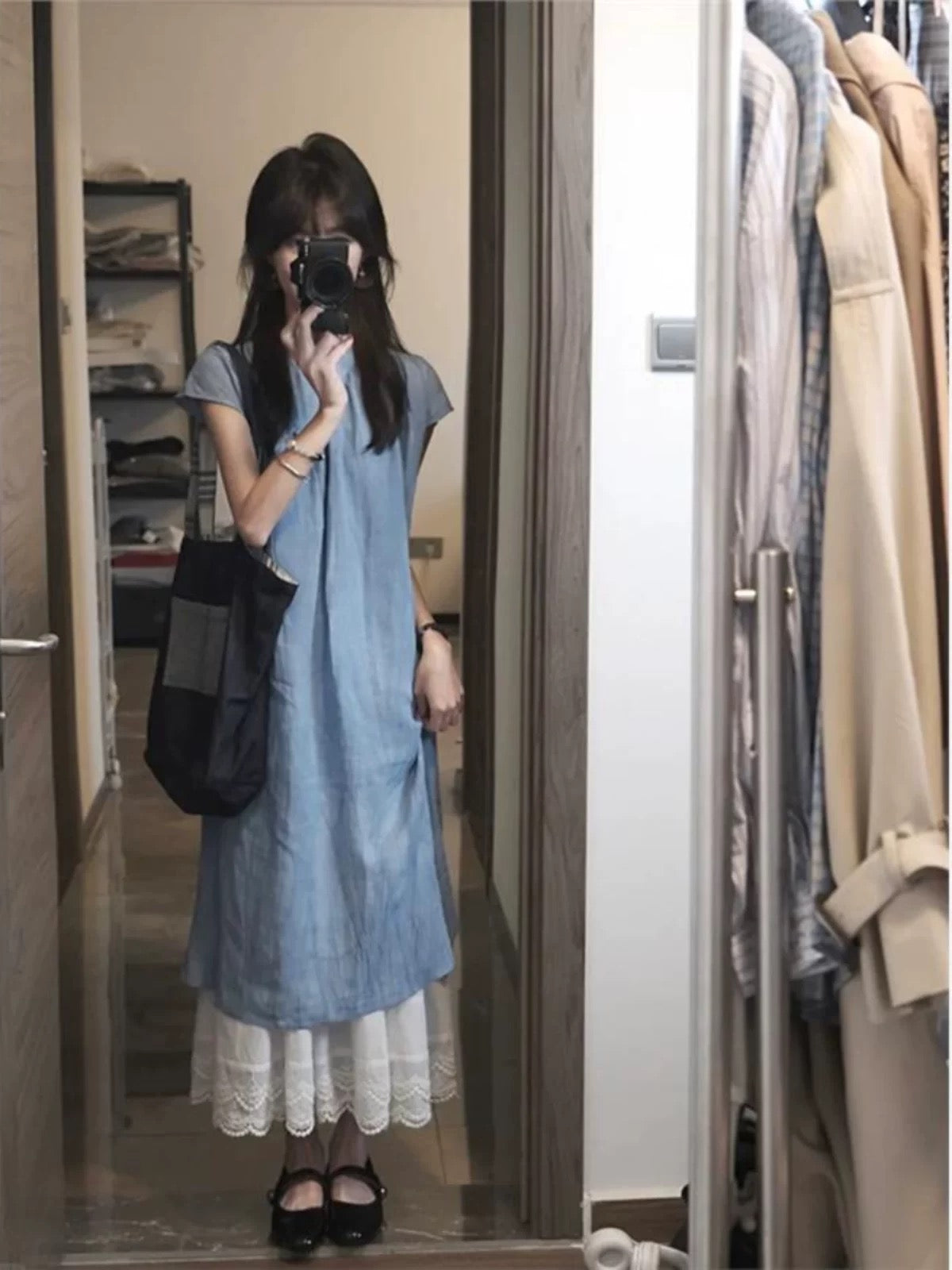 New Chinese style literary blue buckle flag robe dress for summer relaxation and retro national style dress two-piece suit