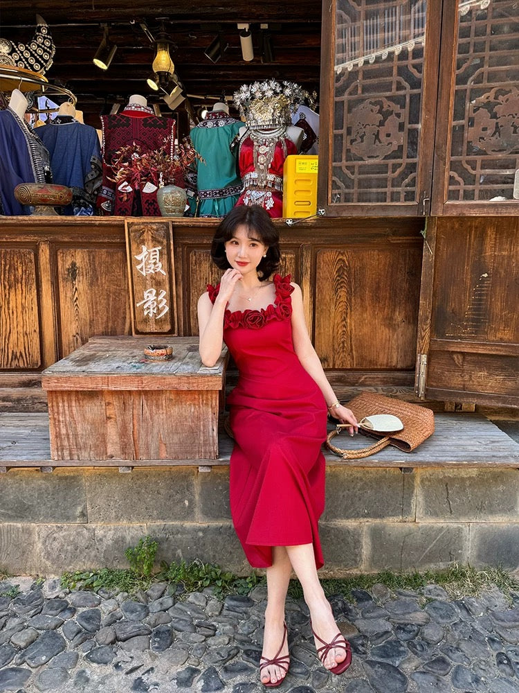 Lei Yingjun's Scarlet Rose French Style 3D Rose Sleeveless Dress, Summer Off-Shoulder Elegant Slimming Long Dress