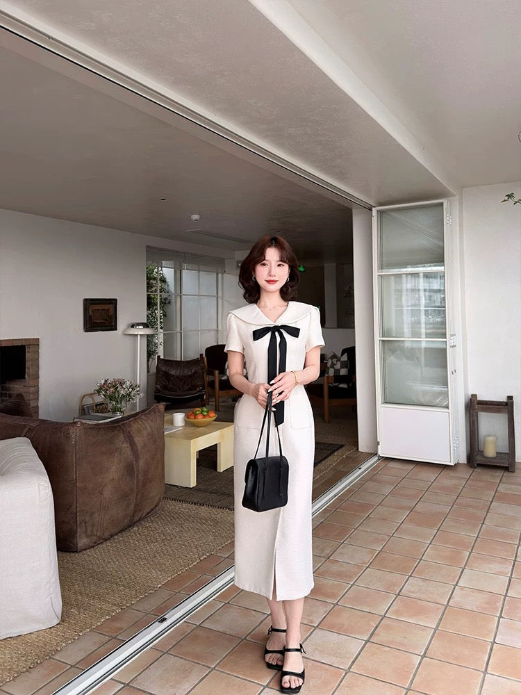 Lei Yingjun's "Half-Summer Camellia" Navy Collar Bow Waist-cinching Dress - Summer Style, Slimming, Pocket Style Long Dress