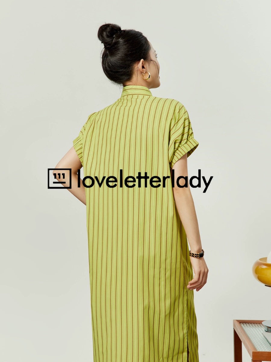 Yellow-green striped shirt dress for women 2024 new summer commuting design niche loose short-sleeved long skirt