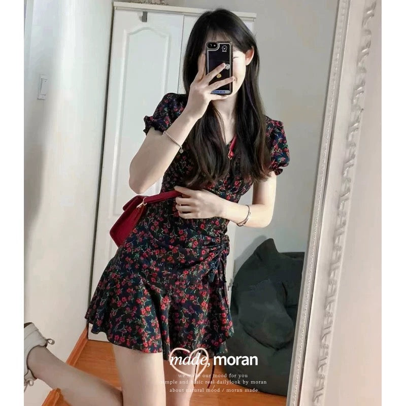 Korean style black floral dress fishtail irregular women's summer French v-neck short sleeves drawstring skirt puff sleeves