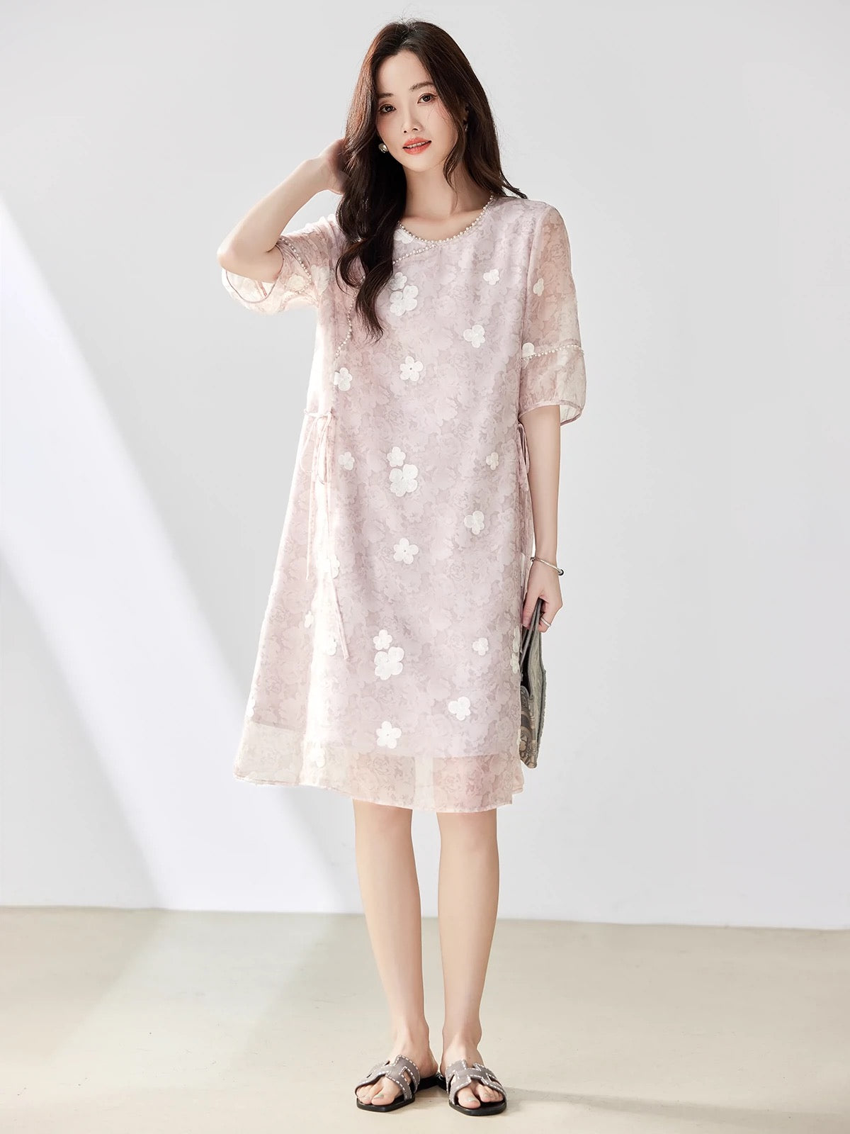 Pink beaded new Chinese style dress for women summer 2024 new European style loose large size temperament slim a-line skirt