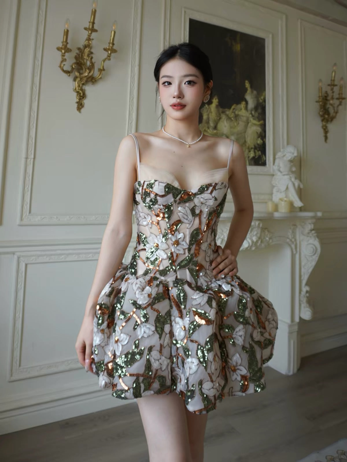 DANA French-Style Floral Sequin Strapless Mini Dress – A Fitted, Flared Princess-Style Cocktail Dress for Birthdays, Parties, and Evening Events