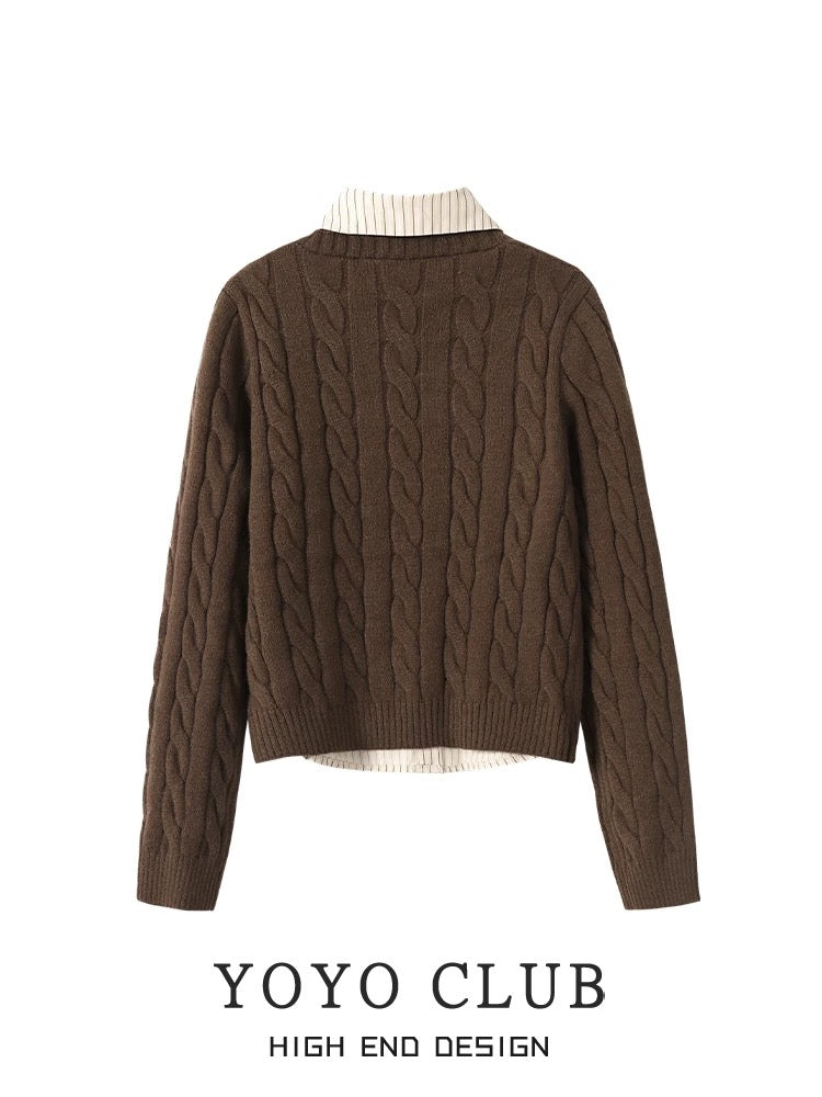 YOYO CLUB fake two-piece sweater cardigan winter high-waisted woolen skirt pear-shaped body suit